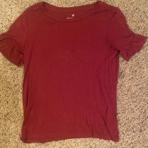 soft and sexy american eagle red t shirt with ruffled sleeves